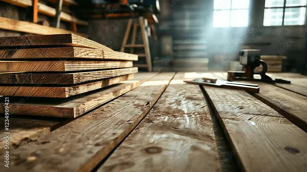 Poster a neat stack of wooden planks with intricate grain patterns in a rustic workshop, surrounded by scat