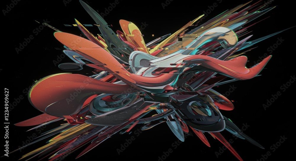 Poster dynamic abstract 3d shapes with glitch effect on black background