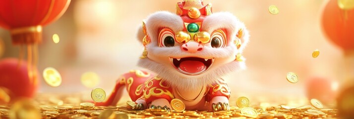 The Cute Chinese Zodiac Animal Year of the Snake - This charming cartoon dragon symbolizes wealth, fortune, joy, and celebration during the lunar new year surrounded by gold coins and lanterns.