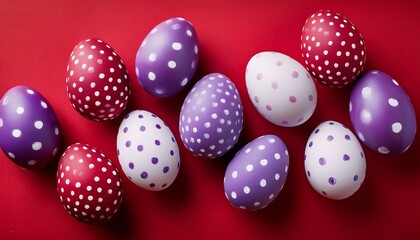 easter eggs with purple and white polka dots on red background