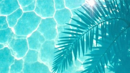 palm leaf shadow from above over transparent water surface with sunlight reflection top view, abstract background for travel, beach vacation and wellbeing