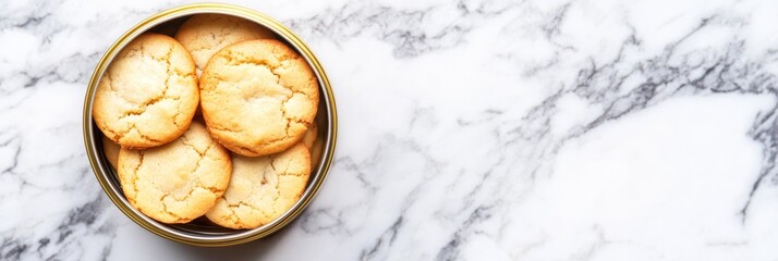 Vintage tin of freshly baked cookies on marble countertop - A vintage tin filled with delicious freshly baked cookies on a beautiful marble countertop symbolizes warmth, nostalgia, comfort