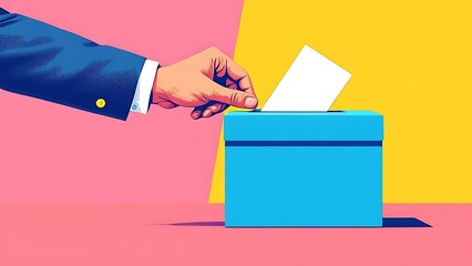 Democratic voting concept, featuring a stylized hand placing a paper ballot into a slot of a ballot box, set against a clean, minimalistic background.