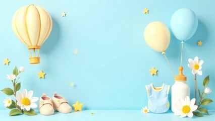 Baby shower horizontal banner with copy space. blue and yellow cartoon hot air balloon, bib, bottle, shoes, helium balloons and flowers on blue background. It's a boy