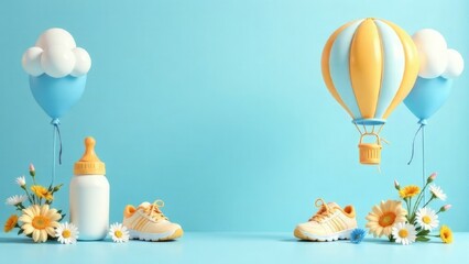 Baby shower horizontal banner with copy space. blue and yellow cartoon hot air balloon, bib, bottle, shoes, helium balloons and flowers on blue background. It's a boy