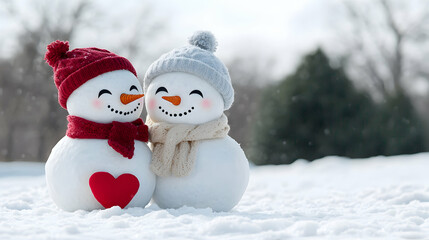 Obraz premium Two snowmen cuddling in winter park, snow falling. Perfect for winter holiday cards