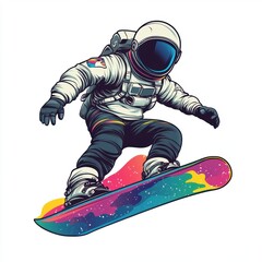 Astronaut snowboarding vector illustration on a white background, 