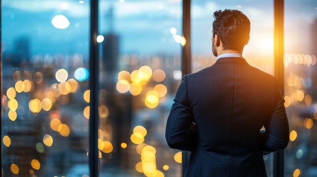 Professional man in suit city skyline business evening back view