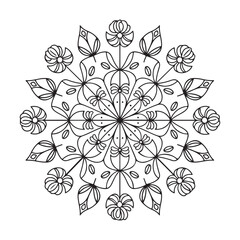 A modern, bold silhouette of a mandala composed entirely of floral elements. The mandala is set against