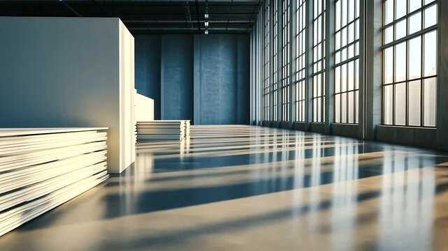 A well-organized storage facility with rows of gypsum drywall sheets, illuminated by sunlight streaming through large windows, emphasizing their role in modern construction.