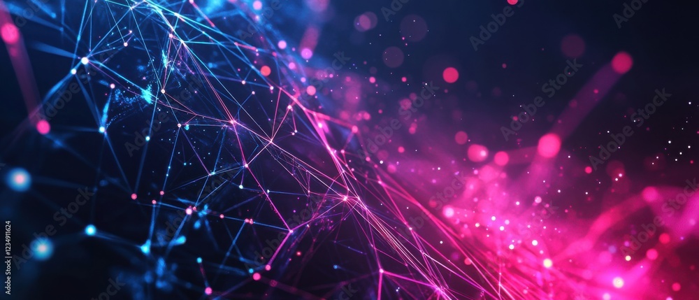 Aufkleber abstract network connection with glowing lines and dots in blue and pink, representing data flow, te