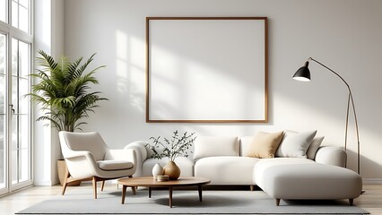 Frame mockup, paper size. Living room wall poster mockup. Interior mockup with house background. Modern interior design.