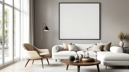 Frame mockup, paper size. Living room wall poster mockup. Interior mockup with house background. Modern interior design.