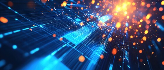 Naklejka premium Abstract futuristic technology background with glowing blue circuit board and orange bokeh lights, concept of data, network, and artificial intelligence