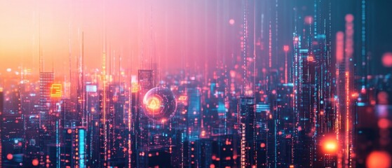 Fototapeta premium Futuristic cityscape with glowing digital data streams and a central sphere, concept of technology, data, and artificial intelligence in a modern urban environment