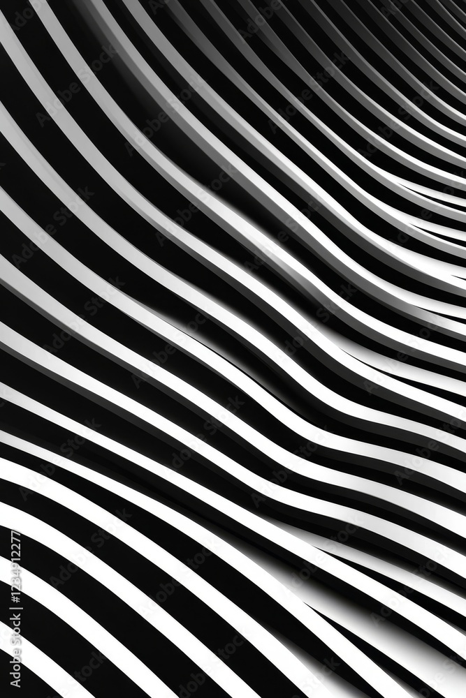 Poster abstract black and white wave pattern creating a dynamic visual effect with depth and movement