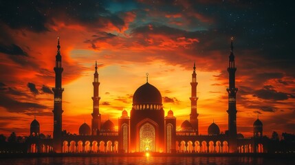 Naklejka premium A Majestic Mosque Silhouetted Against A Vibrant Sunset, Creating A Breathtaking And Serene Scene.