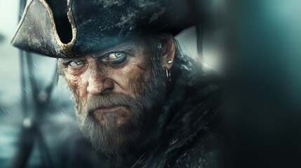 Close-up portrait of rugged pirate with intense expression and traditional hat in dramatic stormy setting
