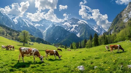 Obraz premium Cows grazing on the green meadow against the background of mountains