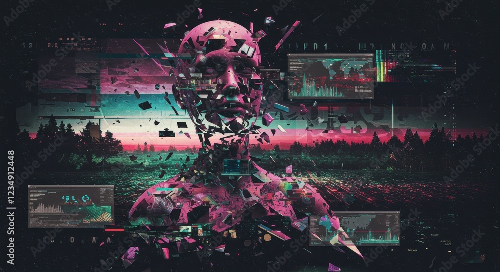 Poster futuristic digital landscape with ai figure and data visualization in abstract style