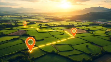 Aerial view of property mapping with location markers and connected lines highlighting land plots.