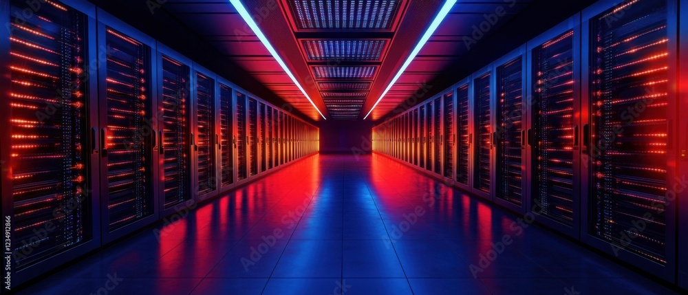 Poster server room with glowing red and blue lights, data center with rows of servers, concept of technolog