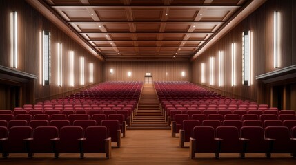 Empty Auditorium with Red Seats Wooden Walls and Modern Lighting Design