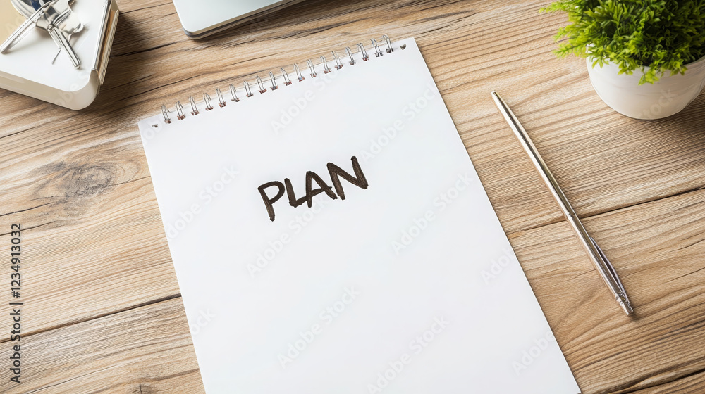 Poster blank notepad with word plan written on it, symbolizing organization and strategy. setting includes 