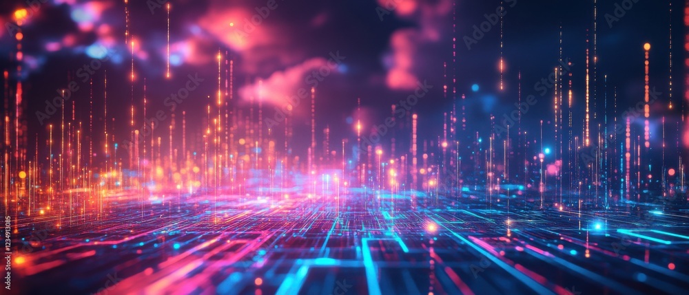 Poster abstract futuristic cityscape with glowing data streams and circuit board patterns, concept of techn