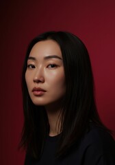 Fototapeta premium Portrait of a woman with long black hair against a red background