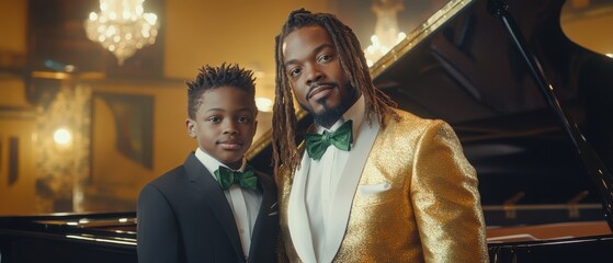 African American father and son wearing formal attire with green bow ties, posing indoors near a grand piano Concept of family, elegance, and special occasion