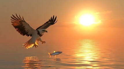 Fototapeta premium Majestic Eagle Soaring Towards Sunset Catching Fish