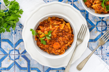 Vegetarian lasagne soup with meatless quorn mince