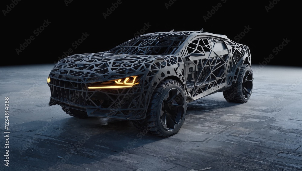 Poster 3d rendering of a futuristic concept car with an external frame structure, parked on a dark concrete