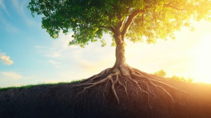 A tree with an expansive root system spreading across a hill.