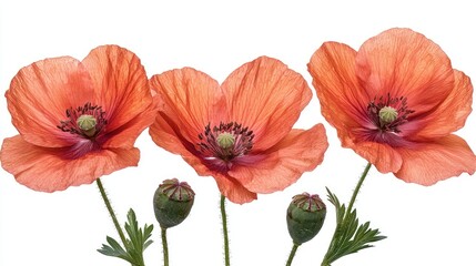 Obraz premium Three orange poppies with buds on white background