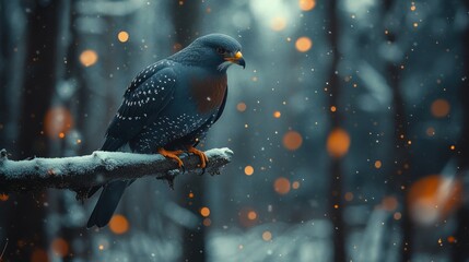 Bird perched on snowy branch, winter forest bokeh