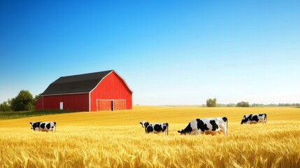 Fototapeta premium Cows Grazing in Golden Wheat Field with a Red Barn Under a Clear Blue Sky