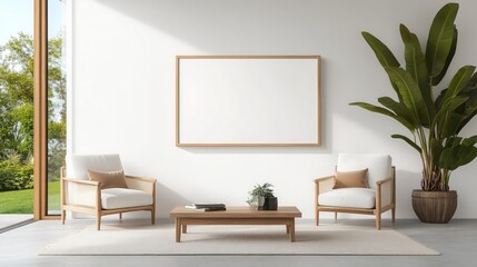 Modern Living Room Interior Design Two Light Wooden Armchairs and a Large Blank Canvas
