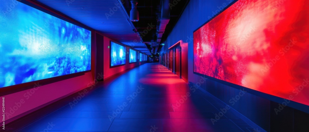 Poster modern indoor corridor with large digital screens displaying abstract blue and red patterns, illumin