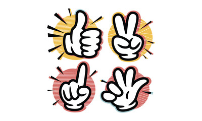 Dynamic cartoon hand and arm gestures. There is a thumbs-up, a peace