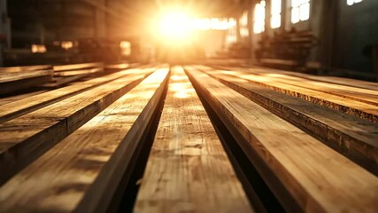 Neatly arranged wooden planks in a rustic workshop, their rich natural grain illuminated by soft golden light from an overhead lamp.