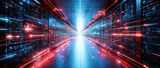 Data center server room with glowing red data streams and blue server racks, concept of high speed data transfer, cloud computing, and network infrastructure