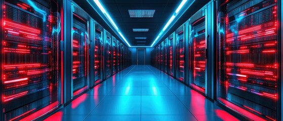 Fototapeta premium Futuristic server room with glowing red data streams and blue neon lights, showcasing technology, data processing, and network infrastructure