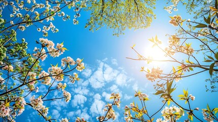 Magnolia flowers on a background of blue sky with sun rays.