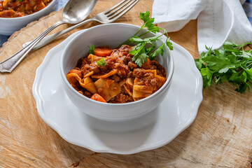 Vegetarian lasagne soup with meatless quorn mince