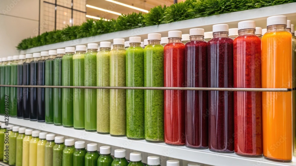 Poster many bottles with colorful smoothies and juices are neatly arranged on white shelves in a modern caf