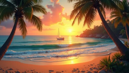 A serene beach scene at sunset with a sailboat in the distance, golden waves lapping the shore, and tall palm trees swaying in the warm evening breeze. Generative, AI,