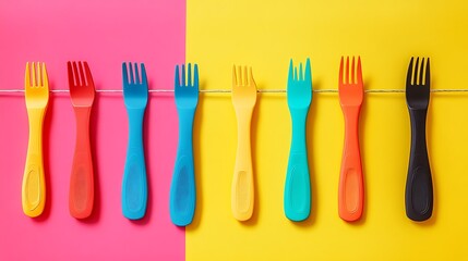 tongs hang up on a cloth line on colourful background