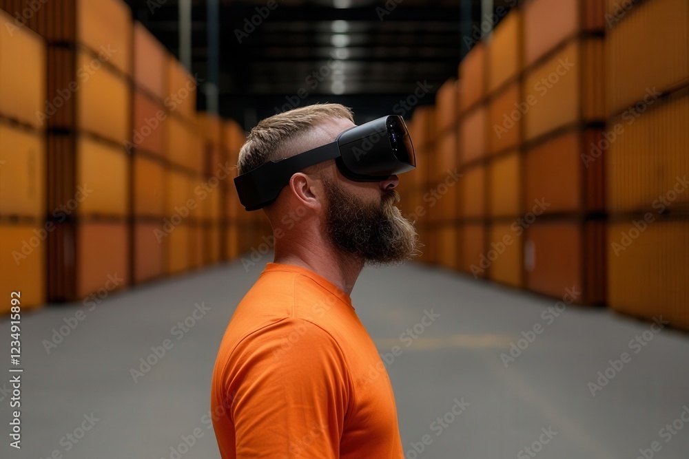 Poster cargo management tracking documentation. worker using ar glasses to review live tracking and documen
